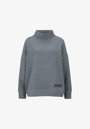 Sweatshirt gris à col montant, coupe décontractée, avec "JOOP!" brodé en violet sur le bas à l'avant. Tissu doux et texturé.