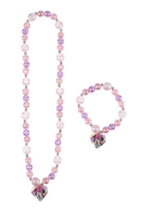 Kinderketting en armband met roze, paarse en doorzichtige kralen, elk met een hartvormige Minnie Mouse bedel.
