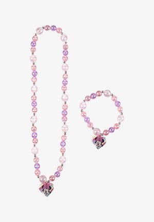 Collana e bracciale per bambini con perline rosa, viola e trasparenti, ciascuno con un ciondolo a forma di cuore di Minnie Mouse.