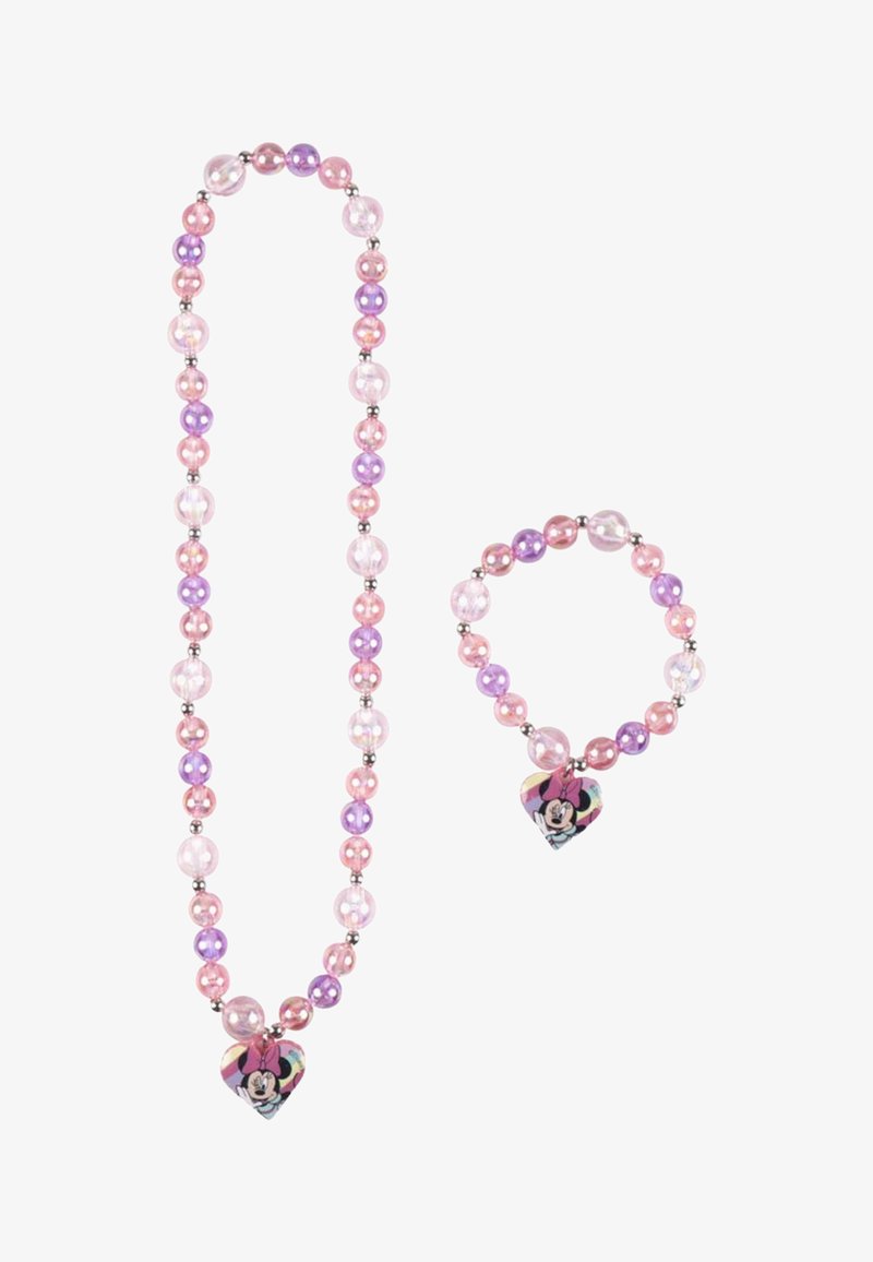 Collier et bracelet pour enfant avec perles roses, violettes et transparentes, chacun orné d'un pendentif Minnie Mouse en forme de cœur.