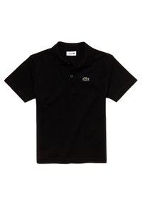 Black polo shirt made of textured fabric, featuring a folded collar, three buttons, and a green embroidered logo on the chest.