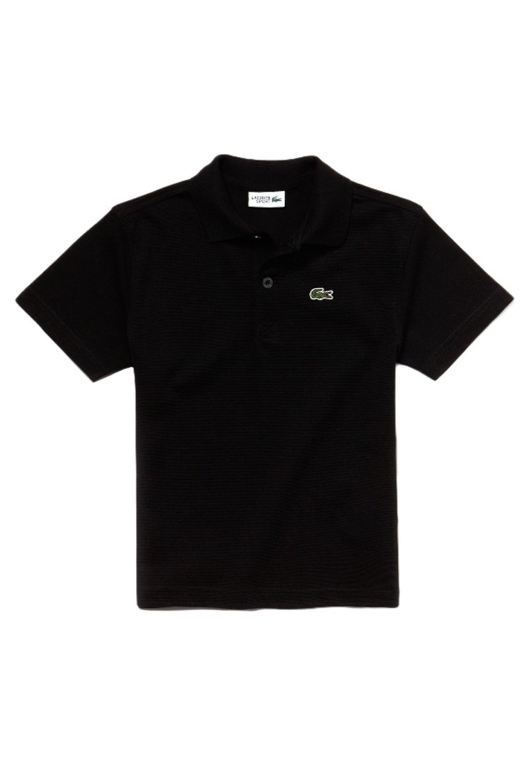 Black polo shirt made of textured fabric, featuring a folded collar, three buttons, and a green embroidered logo on the chest.