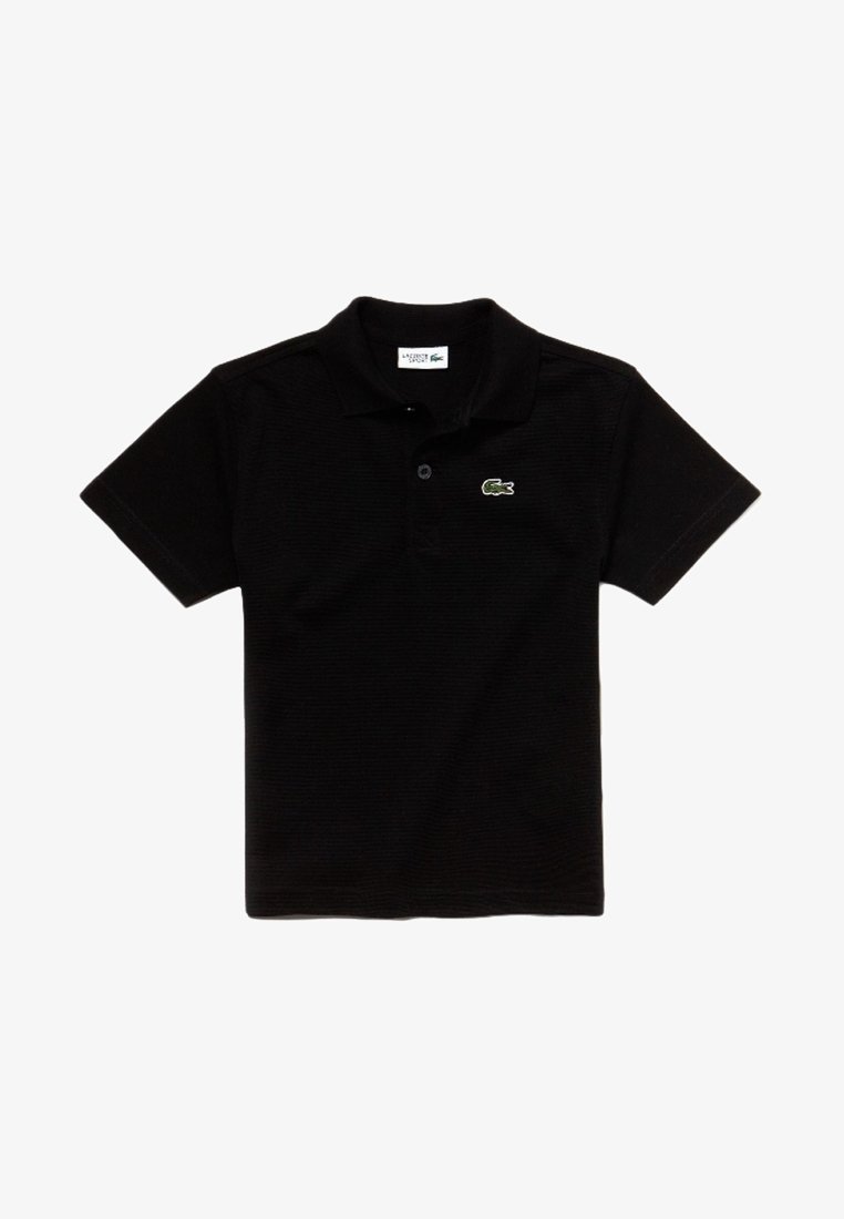 Black polo shirt made of textured fabric, featuring a folded collar, three buttons, and a green embroidered logo on the chest.