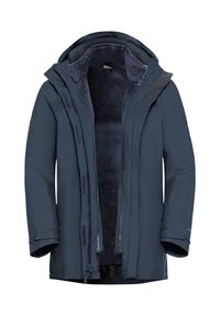 Marineblauwe waterdichte jas met fleece voering, verstelbare capuchon en een rits aan de voorkant. Voorzien van klittenband accenten en een rechte snit.