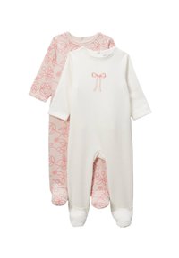 Deux barboteuses pour bébé, l'une blanche avec un détail de nœud rose, l'autre rose avec des motifs floraux. Les deux ont des manches longues et un design à pieds.