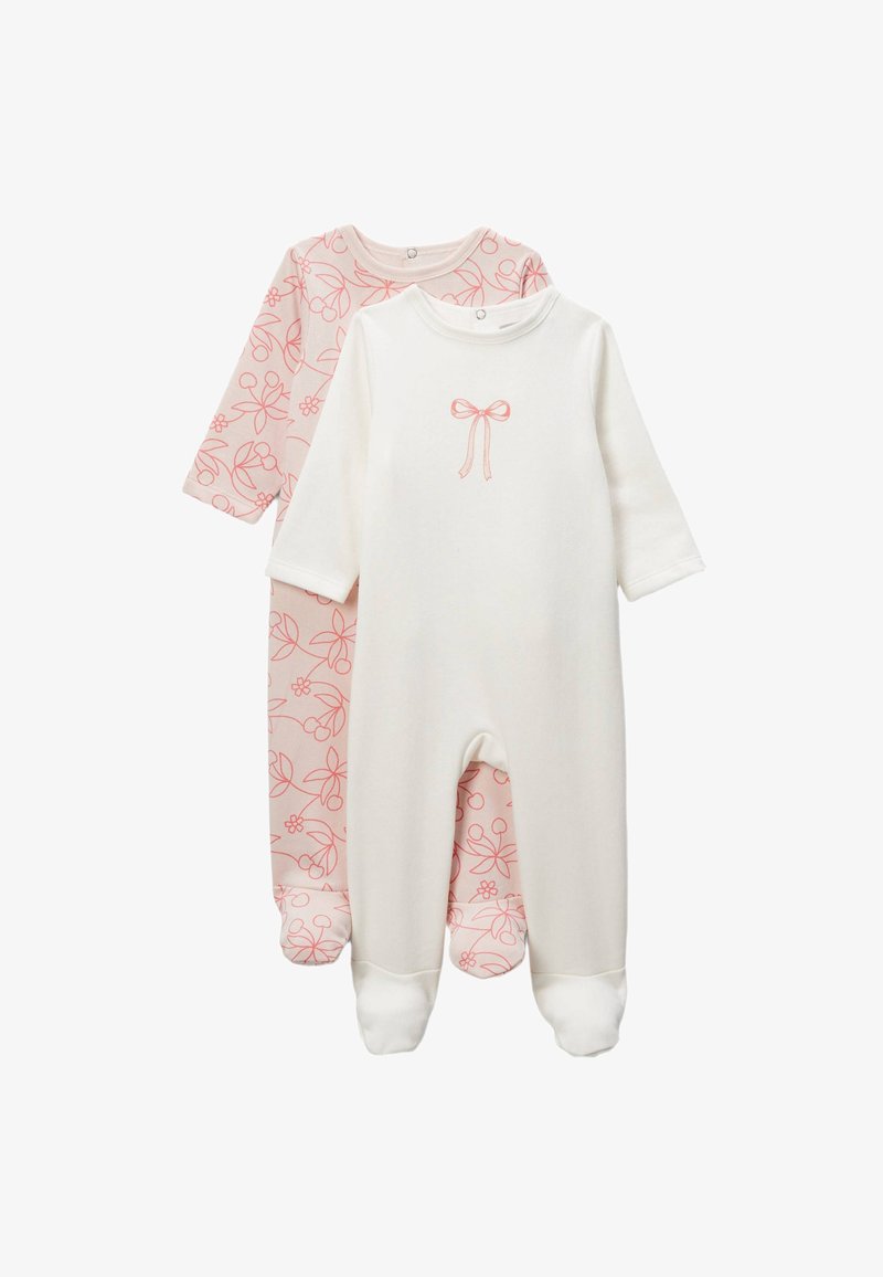 Deux barboteuses pour bébé, l'une blanche avec un détail de nœud rose, l'autre rose avec des motifs floraux. Les deux ont des manches longues et un design à pieds.