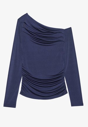 Haut bleu marine à manches longues avec encolure asymétrique et détails drapés froncés à l'avant et sur le côté.
