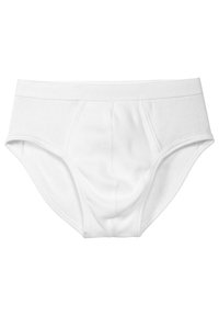 Witte katoenen slips met een ribbeltextuur, elastische tailleband en een klassiek slipontwerp met een ondersteunend voorpaneel.