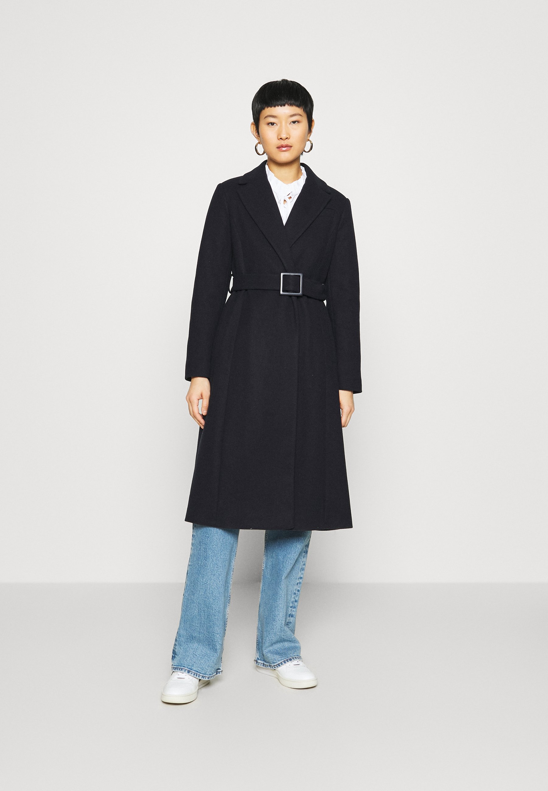 navy belted wrap coat