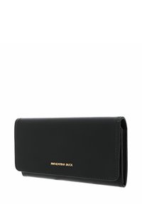 Portefeuille en cuir noir de forme rectangulaire, avec un logo doré, une texture lisse et une fermeture à pression.