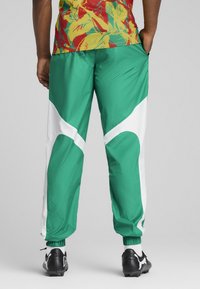 Zaļie sporta bikses ar izteiksmīgām baltām akcentiem un pieguļošu piegriezumu. Elastīgi aproces pie potītēm, izgatavotas no viegla auduma.