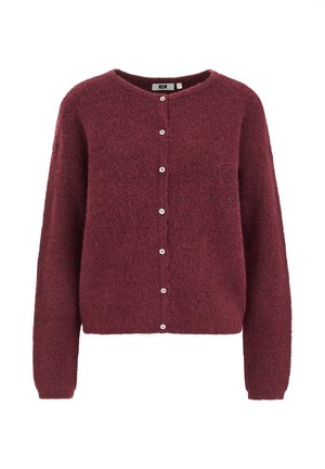 Cardigan bordeaux à manches longues, texturé et doux, à col rond, avec de petits boutons blancs sur le devant.
