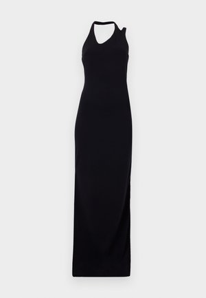 Rochie maxi fără mâneci, de culoare neagră, cu un guler înalt și un detaliu decupat asimetric pe umăr. Fabricată dintr-un material neted, elastic.
