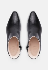 Bottines en cuir noir avec un bout pointu, fermeture éclair sur le côté et texture lisse, dotées d'une doublure intérieure de couleur crème.