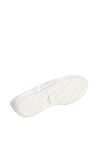 White sneaker with a textured rubber sole, featuring a smooth upper, two side stripes, and a logo embossed on the heel.