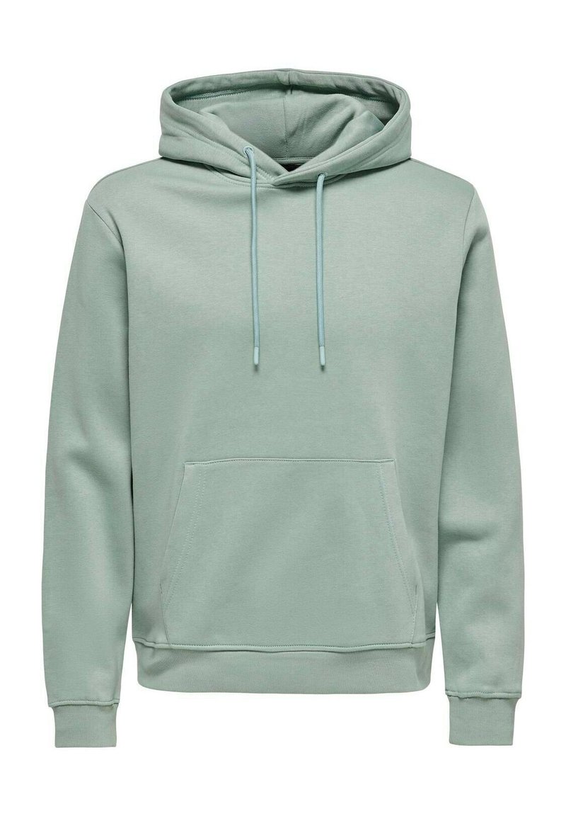 Sudadera con capucha en verde menta claro, que cuenta con un bolsillo frontal, cordones ajustables y puños y dobladillo acanalados. Tejido suave y texturizado.