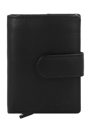 Portefeuille en cuir noir avec une fermeture à sangle enroulable. Texture lisse, forme rectangulaire et marquage embossé à l'avant.
