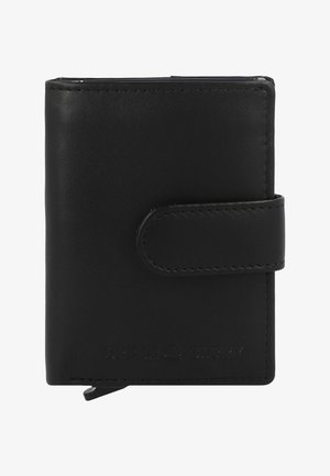 Zwarte leren portemonnee met een wikkelriem-sluiting. Glad oppervlak, rechthoekige vorm en branding in reliëf op de voorkant.