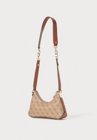 Tan shoulder bag with a textured fabric featuring a logo pattern, brown leather accents, and a gold-tone zipper detail.