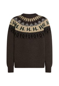 Smeđi pleteni pulover s uzorkom na okovratniku u krem, crnoj i zelenoj boji. Rebrasti manšeti i donji rub, izrez u obliku kruga. Topla i teksturirana tkanina.