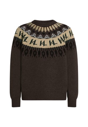 Suéter marrón de punto con un yugo estampado en crema, negro y verde. Puños y dobladillo acanalados, cuello redondo. Tejido cálido y texturizado.