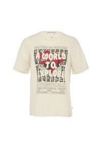Crèmekleurig katoenen t-shirt met een relaxte pasvorm, met levendig bedrukte tekst en graphics in rood, groen en zwart. Korte mouwen.