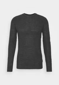 Lätt, mörkgrå tröja med en strukturerad stickad design, rundhalsad och långa ärmar. Har ribbad mudd och nederkant.