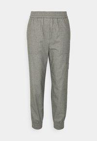 Gray, textured pants with an elastic waistband and gathered cuffs. Features two front pockets and a side pocket for added utility.