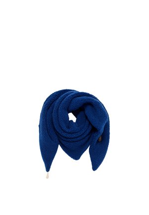 Blue textured fleece scarf folded in a triangular shape with a small brown button and beige tassel on one corner.