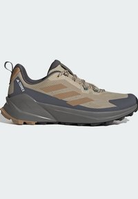 Beige og grå Adidas Terrex trail løbesko med snørelukning og robust sål til udendørsaktiviteter.
