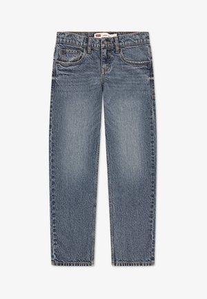 Světlé modré džínové kalhoty s rovnými nohavicemi, designem s pěti kapsami a viditelnými švy. Tkanina má mírně opotřebovaný vzhled.