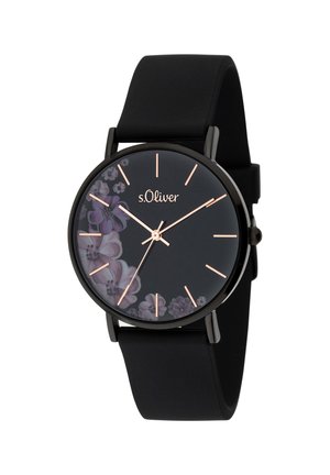 Black silicone strap watch with a round black face, featuring floral accents, rose gold hands, and hour markers by s.Oliver.