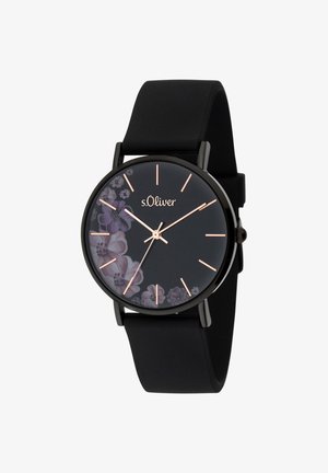 Zwarte horloge met een zwarte siliconen band en een ronde zwarte wijzerplaat, voorzien van bloemmotieven, roségouden wijzers en uurmarkeringen van s.Oliver.