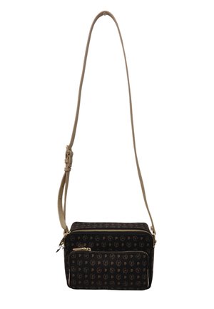 Borsa a tracolla marrone con motivo, dotata di una tracolla crema, con chiusura a zip e una tasca frontale supplementare. Tessuto strutturato con una leggera lucentezza.