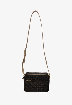 Borsa a tracolla marrone con motivo, dotata di una tracolla crema, con chiusura a zip e una tasca frontale supplementare. Tessuto strutturato con una leggera lucentezza.