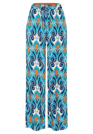 Hose mit weitem Bein, verziert mit einem komplexen, wirbelnden Muster in Blau, Türkis, Weiß und Orange, und einem vorderen Tunnelzugbund.