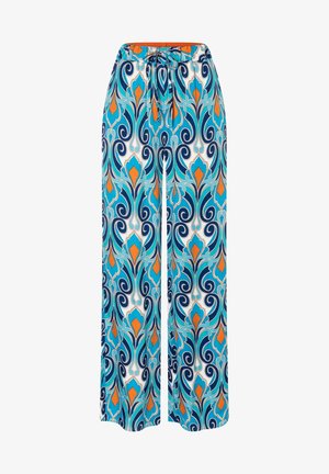 Hose mit weitem Bein, verziert mit einem komplexen, wirbelnden Muster in Blau, Türkis, Weiß und Orange, und einem vorderen Tunnelzugbund.