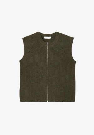 Gilet sans manches en maille vert olive avec une texture côtelée verticale et une fermeture éclair sur le devant. Encolure ronde, design minimaliste, sans accents supplémentaires.