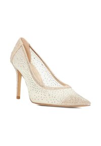 High-heeled pumps in cream fabric, featuring a pointed toe, transparent sides, and embellishments of clear rhinestones.