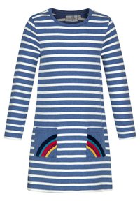 Modré a bílé pruhované šaty s dlouhým rukávem, kulatým výstřihem a dvěma předními kapsami s duhovými aplikacemi. Měkká tkanina, ležérní design.