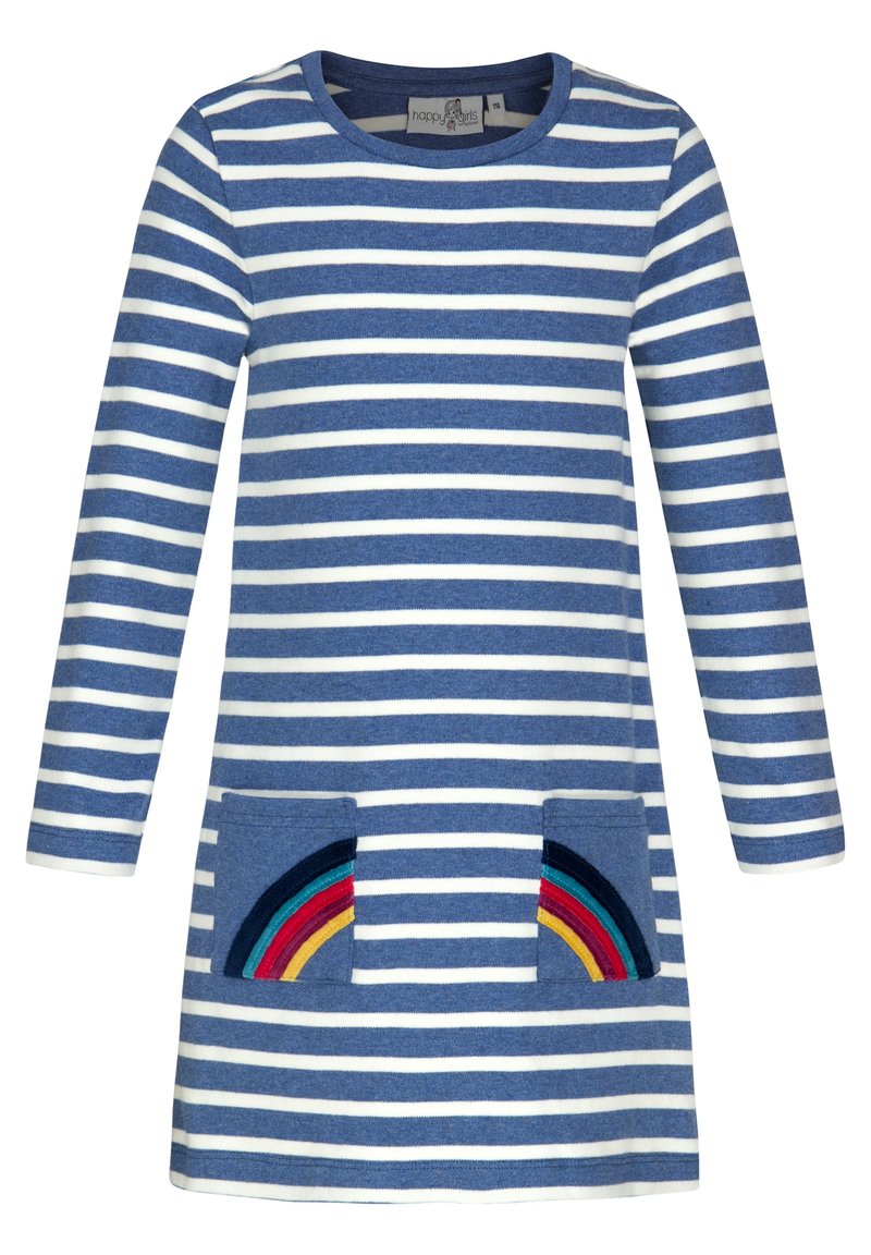 Modré a bílé pruhované šaty s dlouhým rukávem, kulatým výstřihem a dvěma předními kapsami s duhovými aplikacemi. Měkká tkanina, ležérní design.