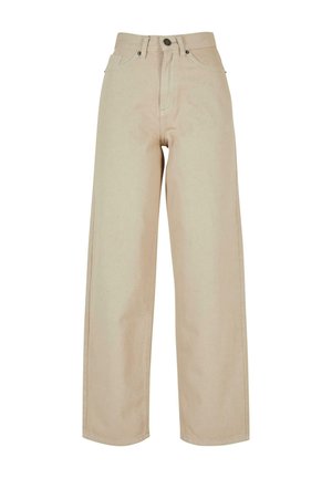 Beige hochtaillierte weit geschnittene Denim-Hosen mit einem Reißverschluss vorne, zwei Seitentaschen und dezenten Nähdetails.