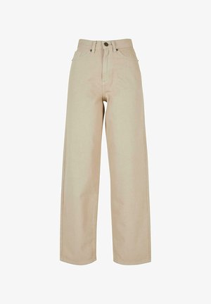 Beige hochtaillierte weit geschnittene Denim-Hosen mit einem Reißverschluss vorne, zwei Seitentaschen und dezenten Nähdetails.