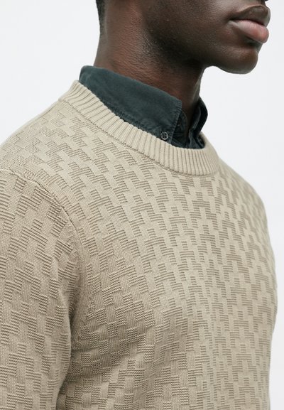 Tuvumā redzams cilvēks, kurš valkā pelēkbaltu struktūrētu džemperi pār tumši pelēku krekla ar pogām, uzņemts no kakla līdz vidusdaļai.