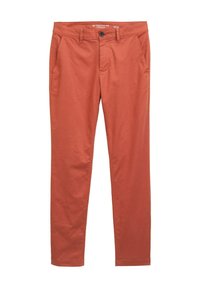 Pantalons ajustés dans une couleur rouille chaude, fabriqués à partir d'un tissu léger. Comprend des poches latérales et une taille boutonnée avec une fermeture éclair.