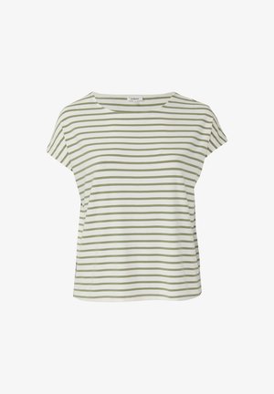 T-shirt à manches courtes rayé blanc et vert olive, en tissu doux avec une coupe décontractée et un col rond.