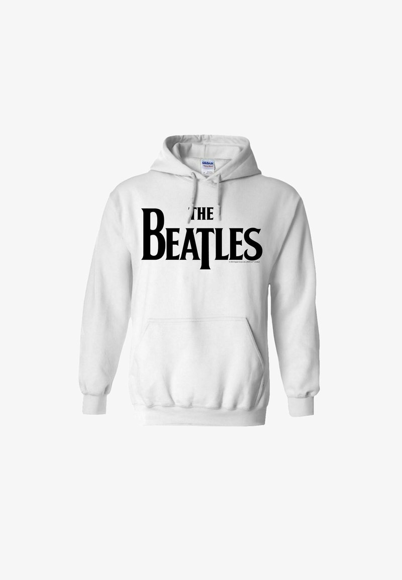 Hvit hettegenser med hette som har en stor svart "THE BEATLES"-logo på brystet. Materialet ser mykt ut og har en frontlomme og snorer.
