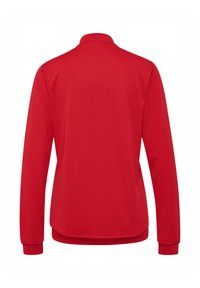 Rotes Langarm-Polohemd mit Kragen, strukturiertem Stoff und gerippten Bündchen, gerader Saum und ohne sichtbares Logo oder Verzierungen.