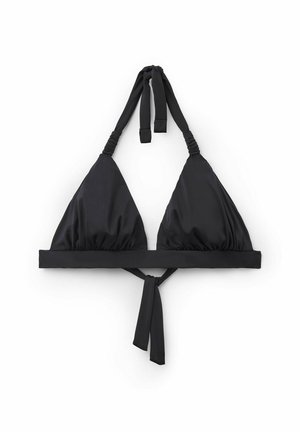 Czarny biustonosz bikini w kształcie trójkąta wykonany z gładkiej tkaniny. Charakteryzuje się marszczonym wzorem, regulowanymi zapięciami na szyi i plecach oraz szerokim paskiem u dołu.