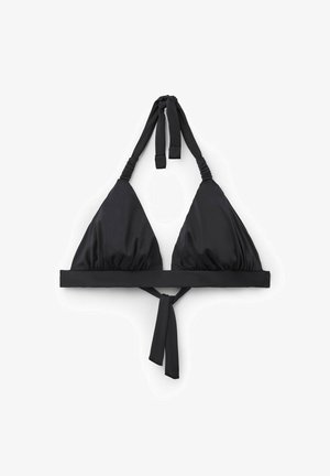Svart triangelformad bikiniöverdel gjord av ett mjukt tyg. Har en rynkad design, justerbara band runt halsen och ryggen, samt en bredband nederst.